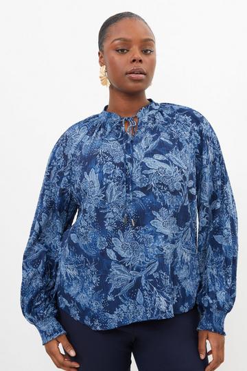 Blue Plus Size Top Stitch Floral Crinkle Cotton Woven Blouse