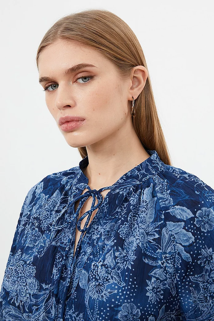 Top Stitch Floral Crinkle Cotton Woven Blouse | Karen Millen Top Stitch Floral Crinkle Cotton Woven Blouse | Karen Millen