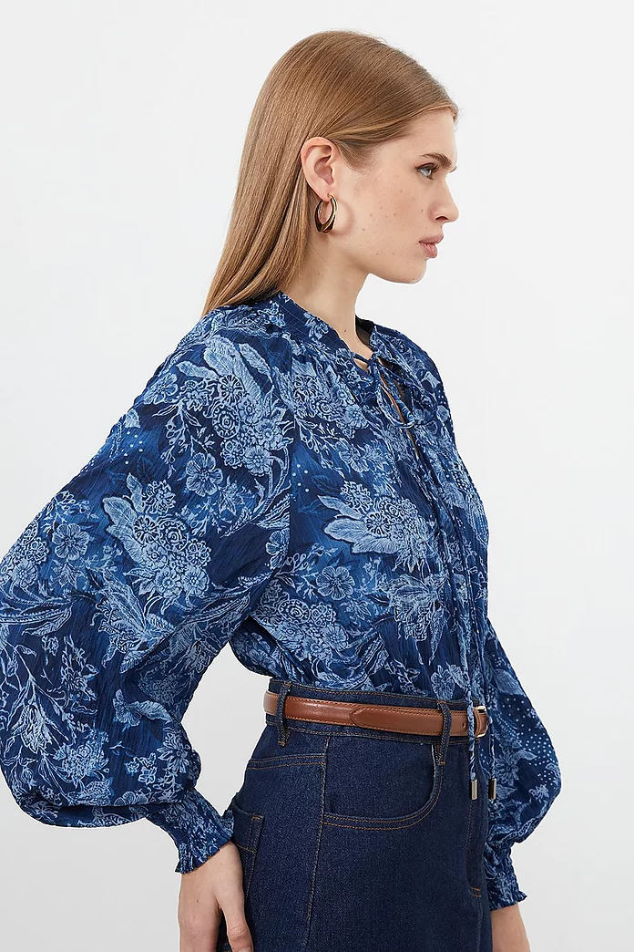 Top Stitch Floral Crinkle Cotton Woven Blouse | Karen Millen Top Stitch Floral Crinkle Cotton Woven Blouse | Karen Millen