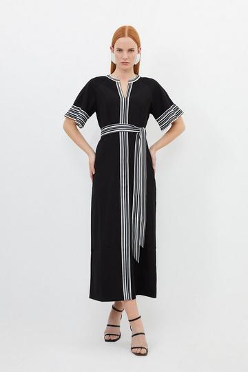 Black Contrast Twill Woven Belted Midaxi Dress