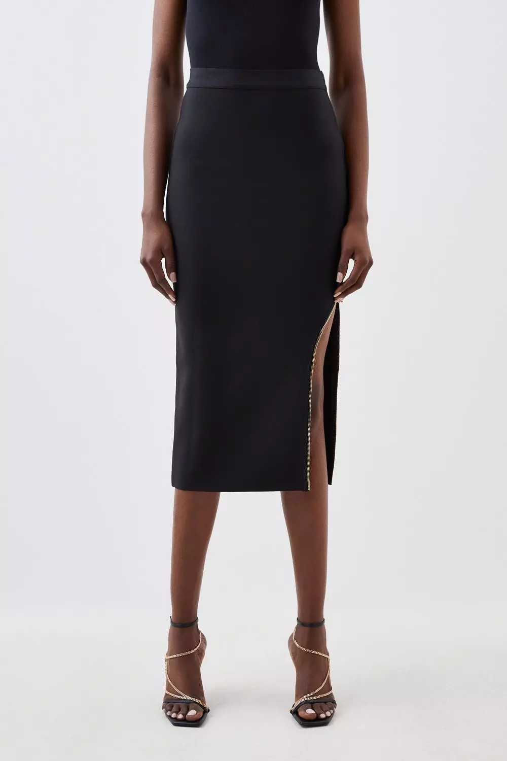 Figure Form Bandage Zip Detail Knit Midi Skirt | Karen Millen