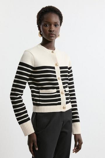 Cotton Cropped Knit Boxy Striped Cardigan cream