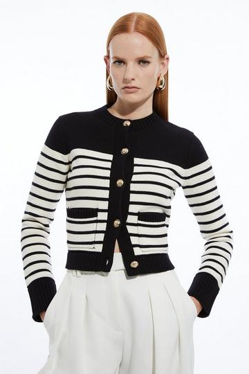 Cotton Cropped Knit Boxy Striped Cardigan mono