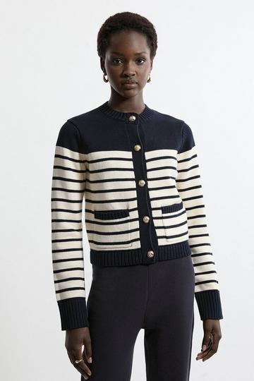 Cotton Cropped Knit Boxy Striped Cardigan navy