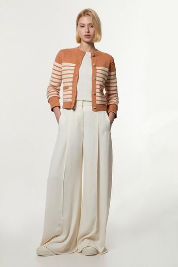 Cotton Cropped Knit Boxy Striped Cardigan oatmeal