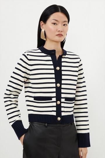 Multi Cotton Cropped Knit Boxy Striped Cardigan