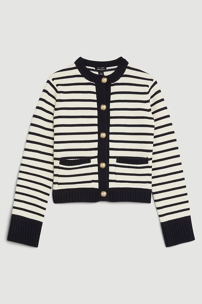 Cotton Cropped Knit Boxy Striped Cardigan | Karen Millen Cotton Cropped Knit Boxy Striped Cardigan | Karen Millen