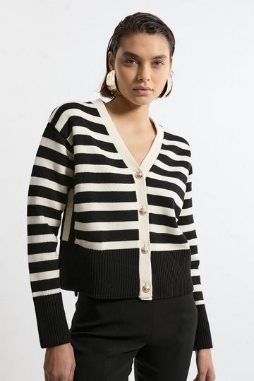 Cotton V Neck Knit Boxy Striped Cardigan black