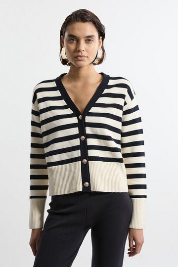 Cotton V Neck Knit Boxy Striped Cardigan cream