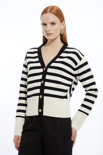Cotton V Neck Knit Boxy Striped Cardigan mono