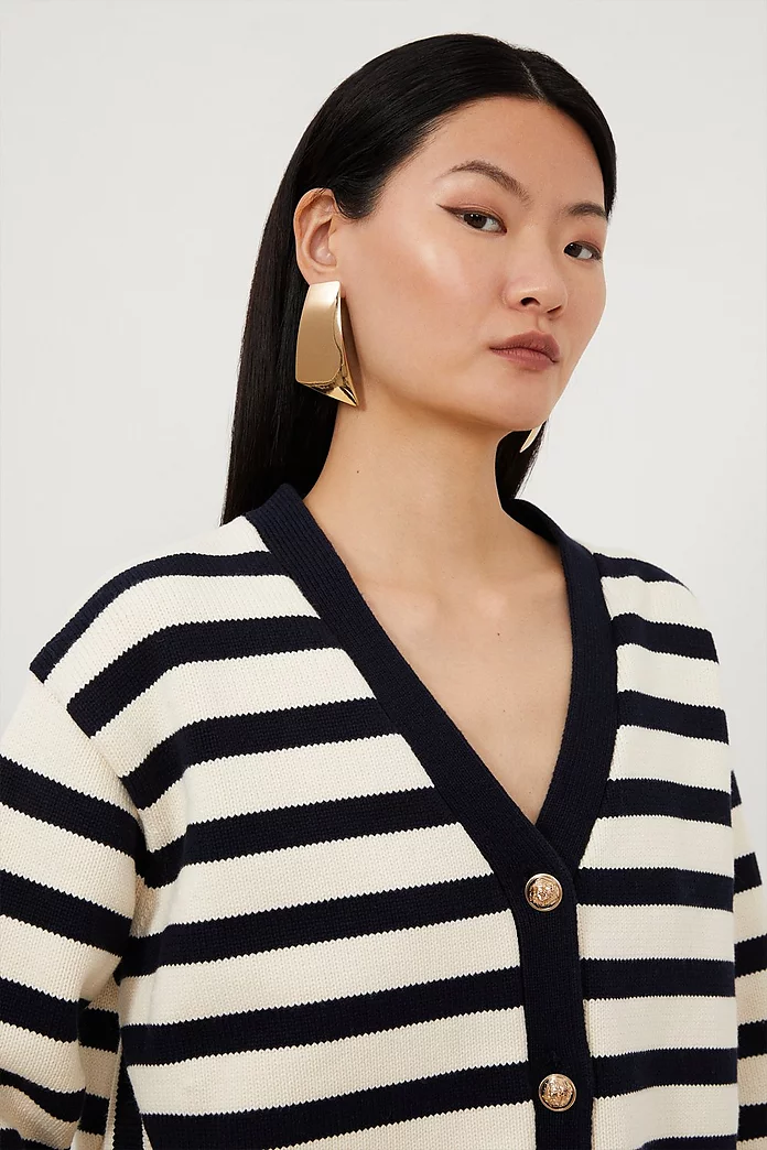 Cotton V Neck Knit Boxy Striped Cardigan | Karen Millen Cotton V Neck Knit Boxy Striped Cardigan | Karen Millen