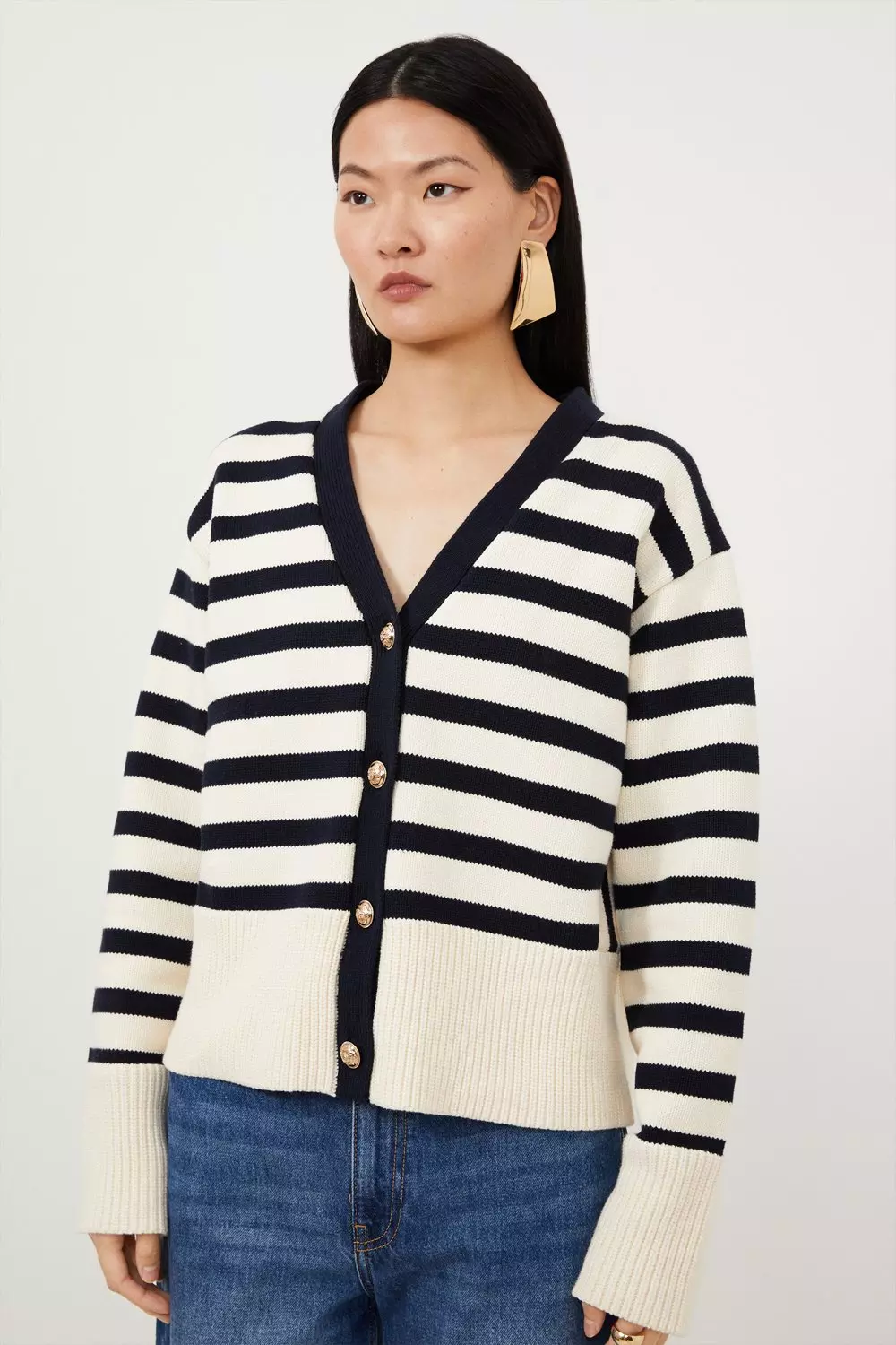 Cotton V Neck Knit Boxy Striped Cardigan | Karen Millen
