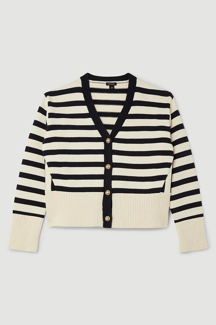 Cotton V Neck Knit Boxy Striped Cardigan | Karen Millen Cotton V Neck Knit Boxy Striped Cardigan | Karen Millen