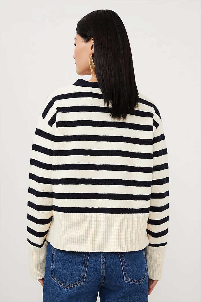 Cotton V Neck Knit Boxy Striped Cardigan | Karen Millen Cotton V Neck Knit Boxy Striped Cardigan | Karen Millen