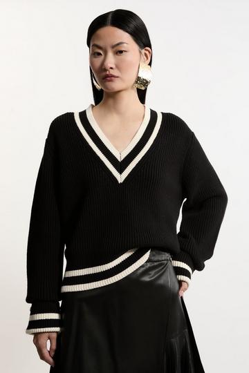 Cotton V Neck Knit Boxy Sweater black