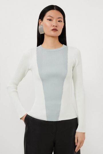 Viscose Blend Rib Knit Colour Block Top ivory