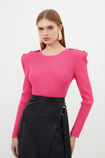 Viscose Blend Rib Knit Power Shoulder Top pink