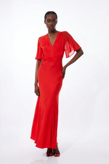 Red Twist Front Satin And Georgette Mix Woven Maxi Dress