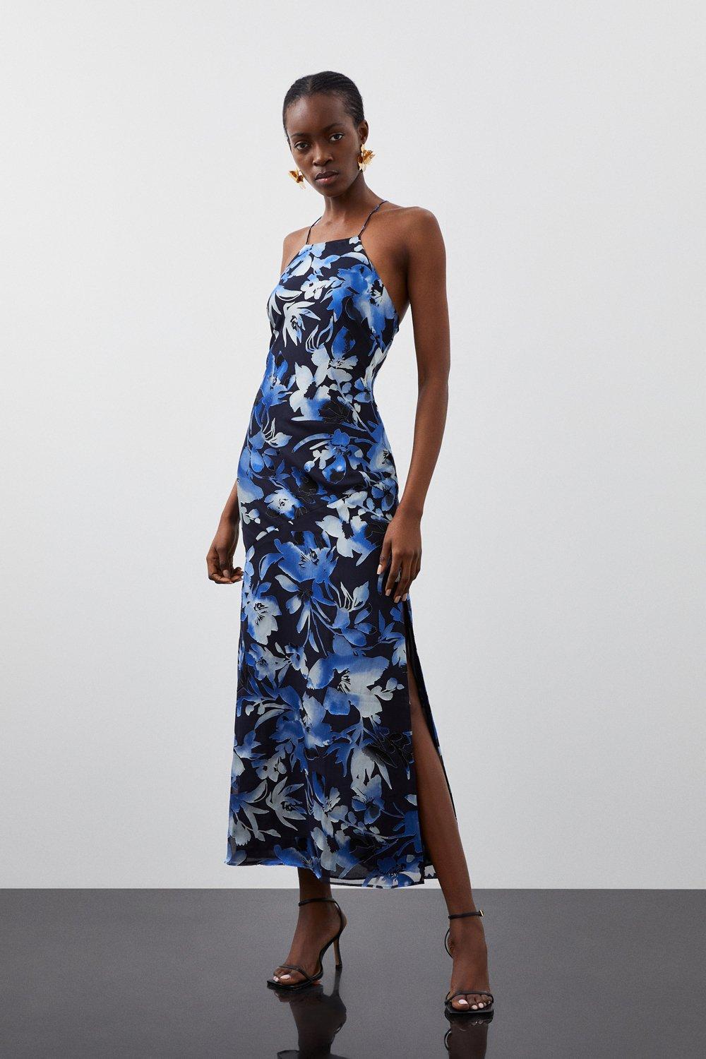 Tall Satin Floral Devore Woven Strappy Maxi Dress | Karen Millen