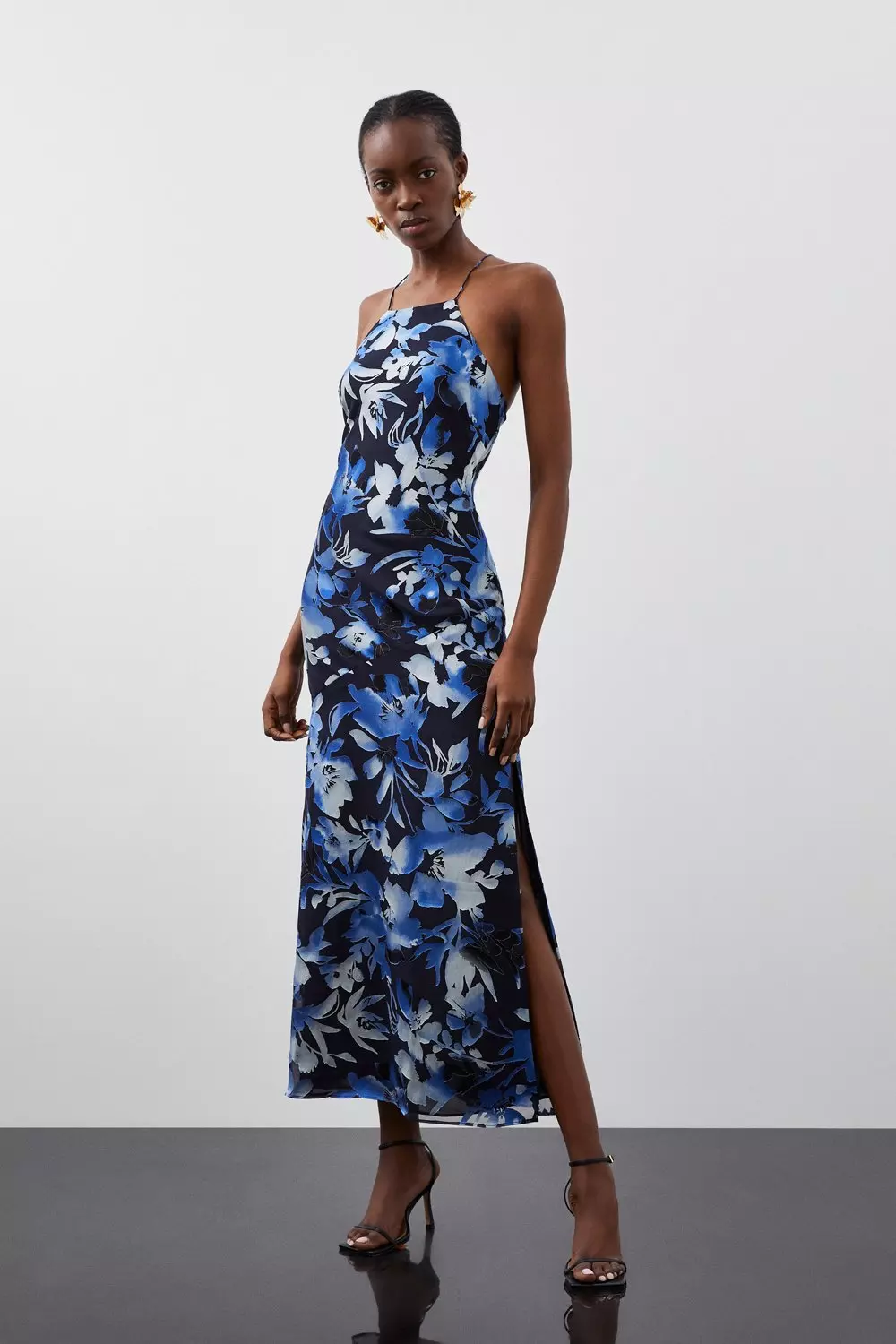 Karen Millen Womens Satin Floral Devore Woven Strappy Maxi Dress Navy Size 6