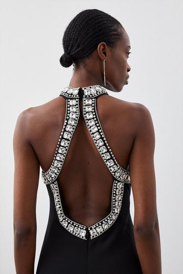 Black Crystal Embellished Halter Woven Maxi Dress