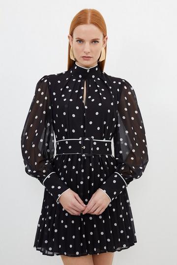 Black Pleated Contrast Georgette Spot Woven Mini Dress