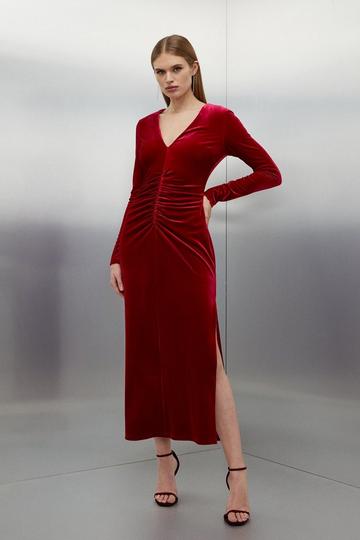 Red Stretch Velvet Jersey Maxi Dress