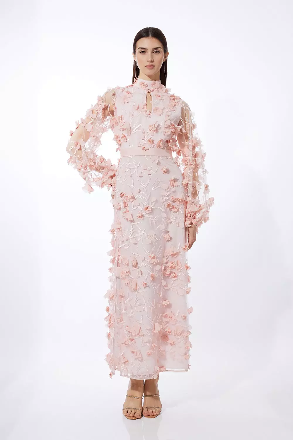 ayamii　0625 Strappy V Neck 3D Flower Detail Maxi Dress In Cream Knit