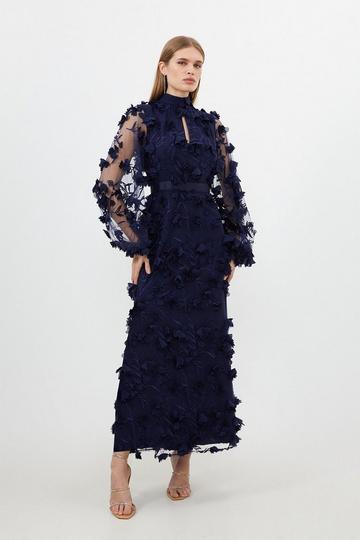 Floral Applique Woven Maxi Dress navy