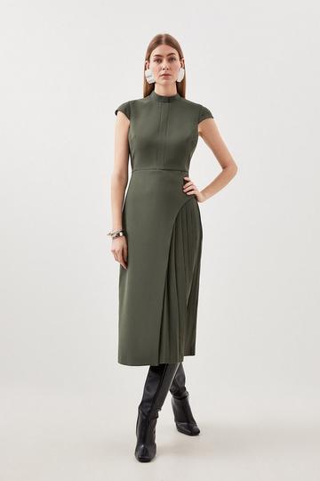 Khaki Military Pleated Tailored Crepe Midi Dress