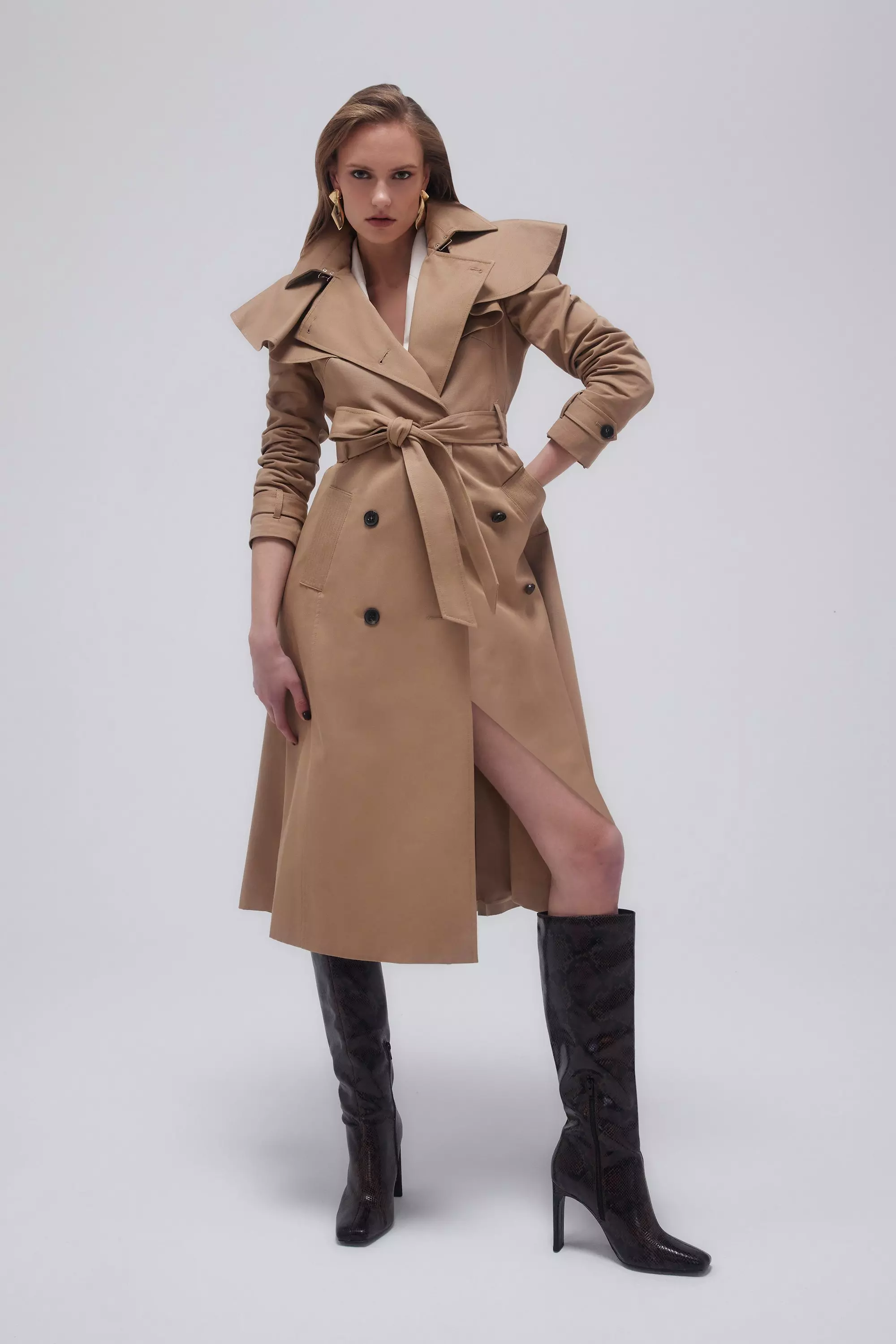 Tailored Draped Storm Flap Detail Belted Trench Coat | Karen Millen