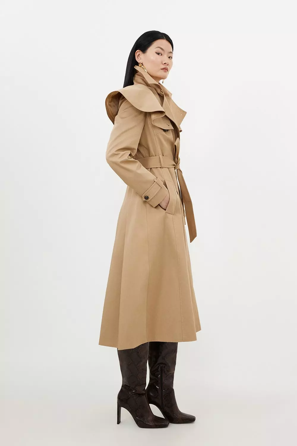 Tailored Draped Storm Flap Detail Belted Trench Coat | Karen