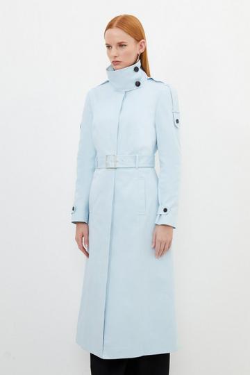 Blue Tailored High Neck Belted Trench Coat