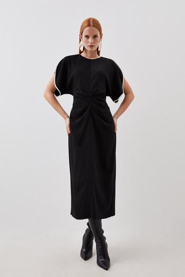 Black Soft Tailored Ruched Front Contrast Tipped Detail Midi Dress