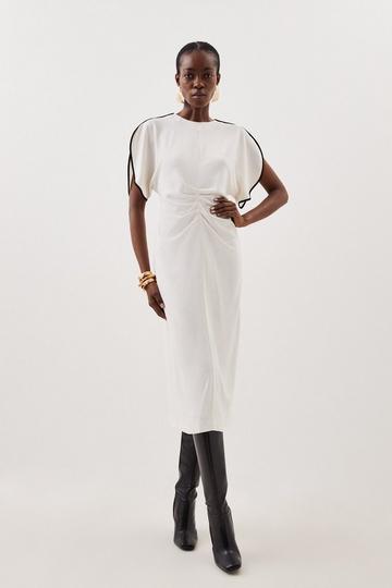 Soft Tailored Ruched Front Contrast Tipped Detail Midi Dress ivory