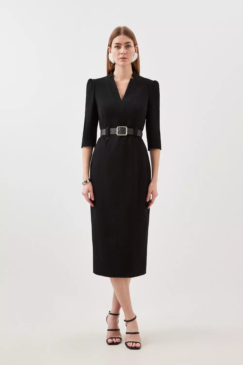 Structured Crepe Forever Belted Midi Pencil Dress Karen Millen