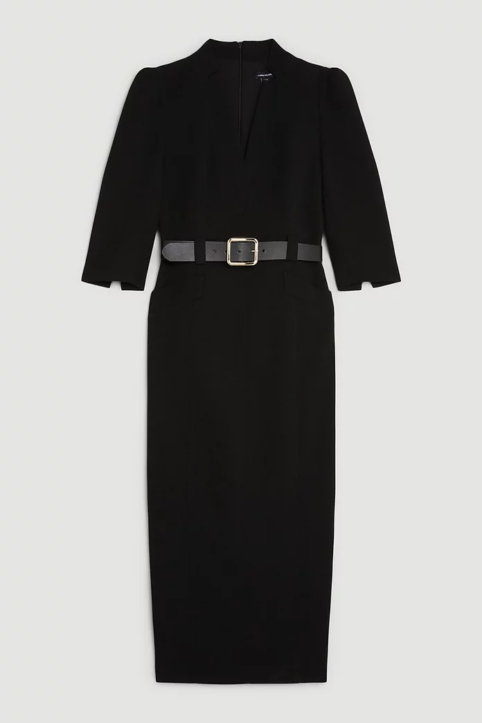 Structured Crepe Forever Belted Midi Pencil Dress | Karen Millen Structured Crepe Forever Belted Midi Pencil Dress | Karen Millen