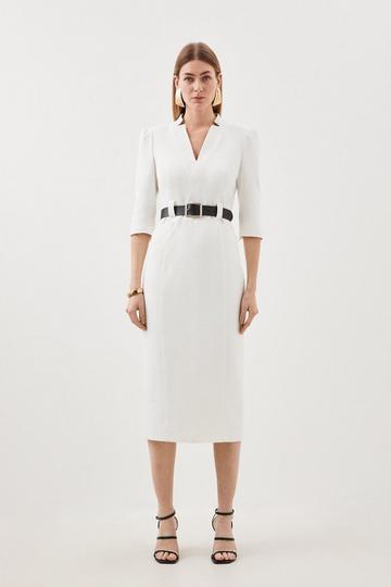 Structured Crepe Forever Belted Midaxi Pencil Dress ivory