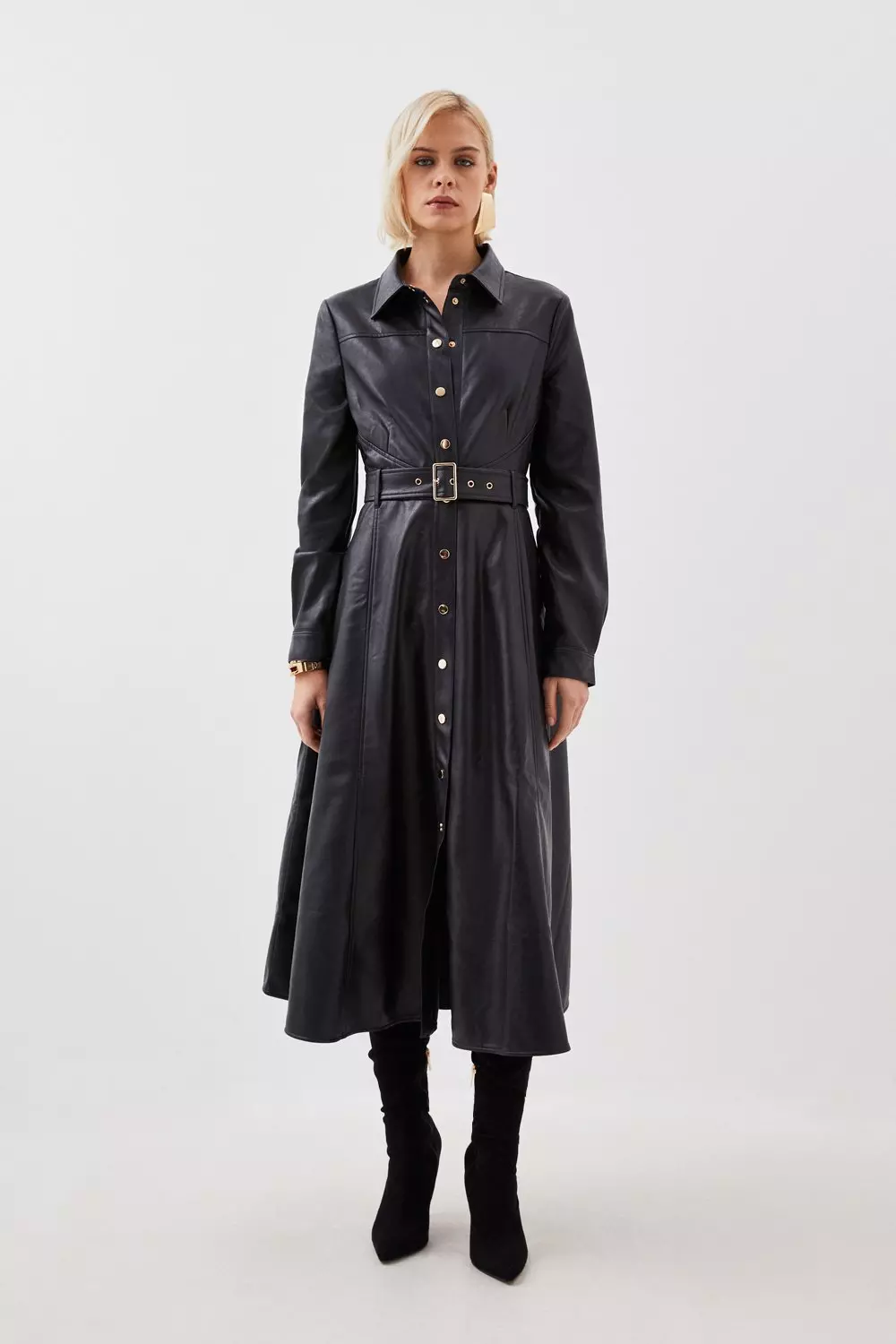 Faux Leather Long Sleeved Belted Midi Shirt Dress Karen Millen