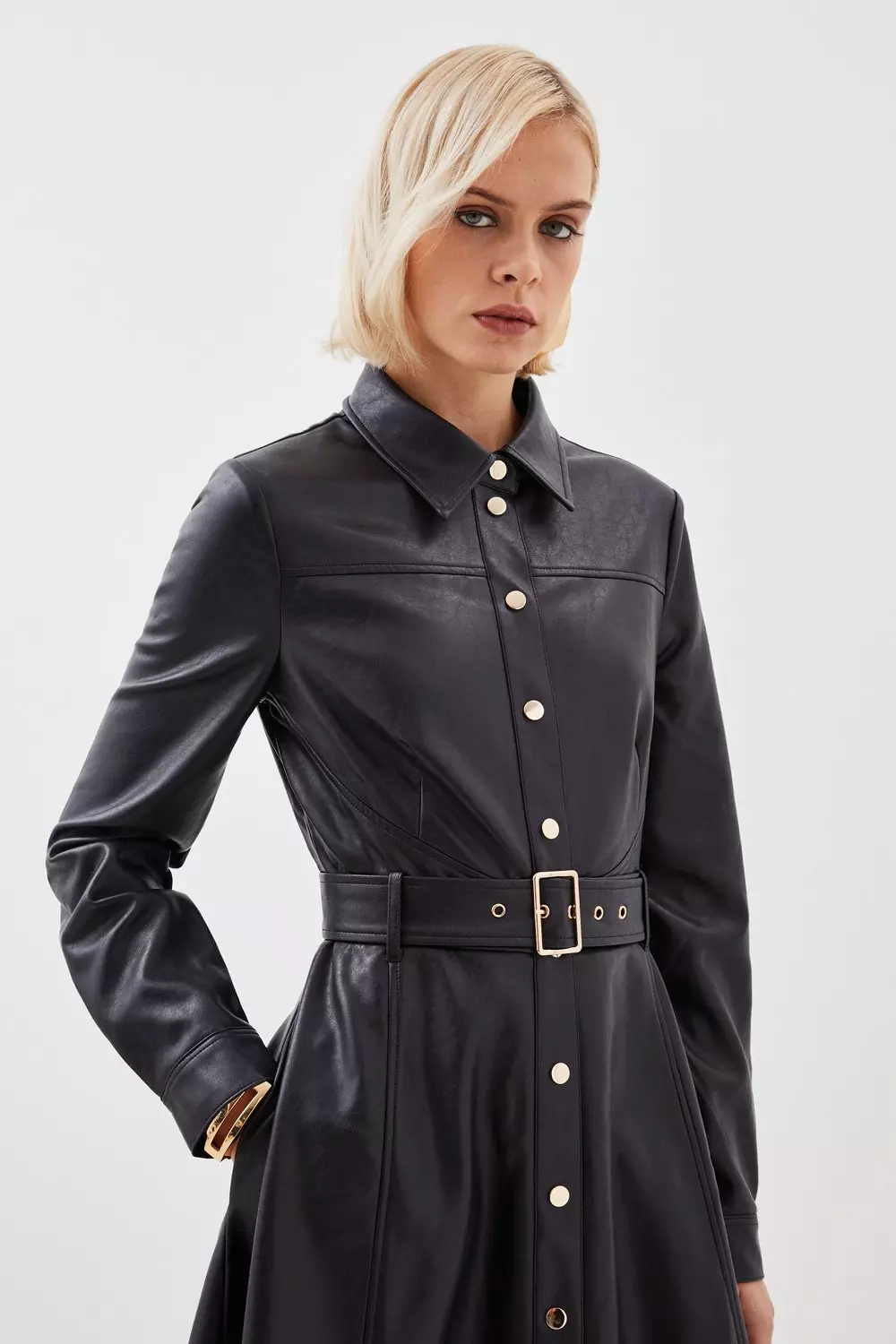 Faux Leather Long Sleeved Belted Midi Shirt Dress | Karen Millen