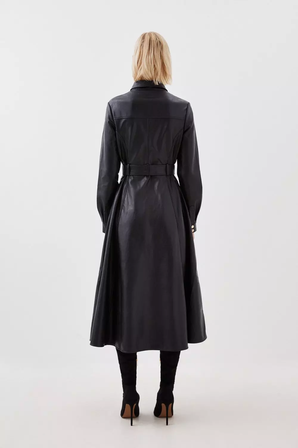 ★Karen Millen フェイクレザーベルトシャツ 魅惑的マキシ★ Faux Leather Long Sleeved Belted Midi Shirt Dress | Karen Millen