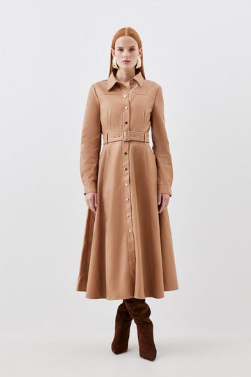 Faux Leather Long Sleeved Belted Midi Shirt Dress camel