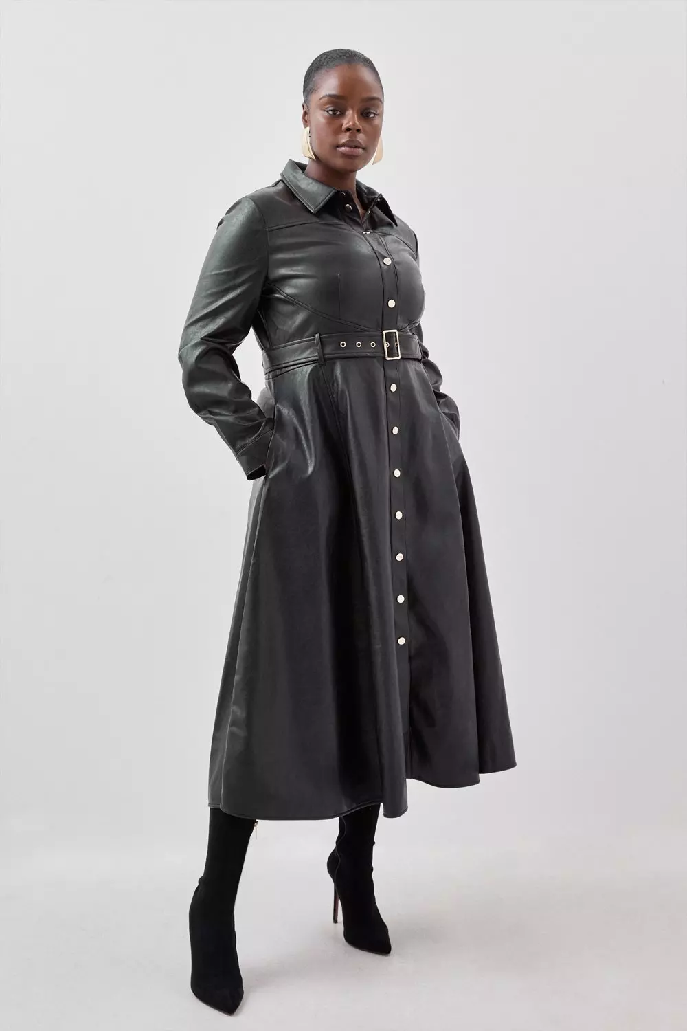 Plus Size Faux Leather Long Sleeved Belted Midi Shirt Dress Karen Millen