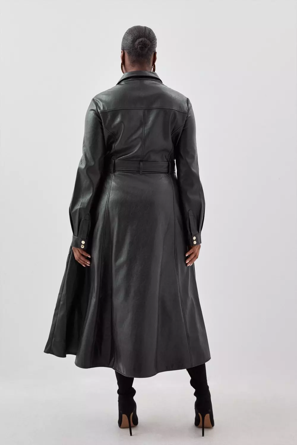 Plus Size Faux Leather Long Sleeved Belted Midi Shirt Dress 