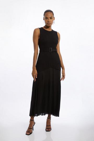 Black Petite Ponte And Georgette Jersey Pleated Maxi Dress