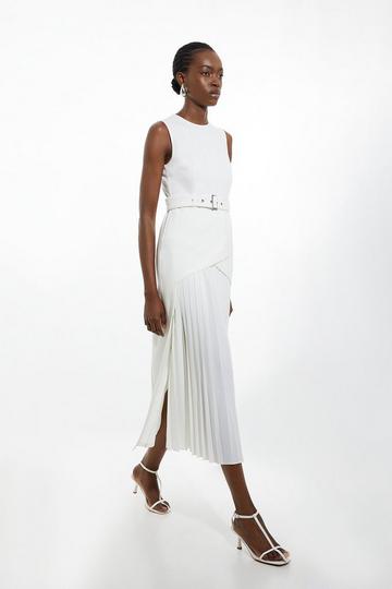 Petite Ponte And Georgette Jersey Pleated Maxi Dress ivory