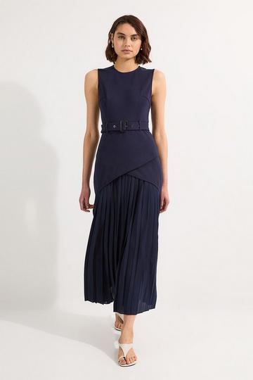 Navy Petite Ponte And Georgette Jersey Pleated Maxi Dress