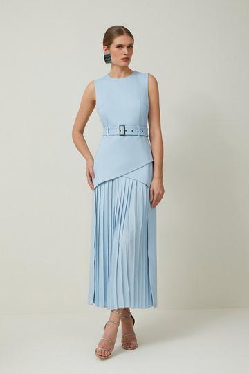 Blue Petite Ponte And Georgette Jersey Pleated Maxi Dress