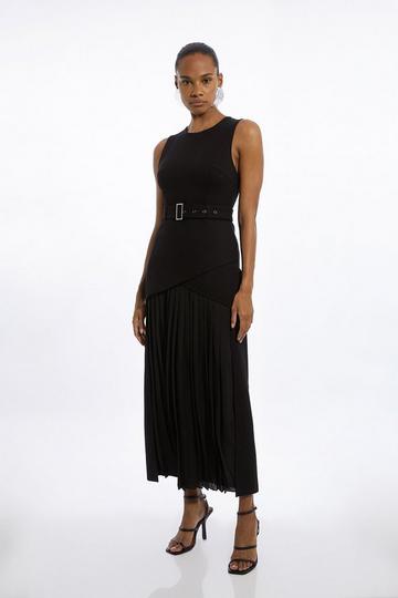 Black Ponte And Georgette Jersey Pleated Maxi Dress