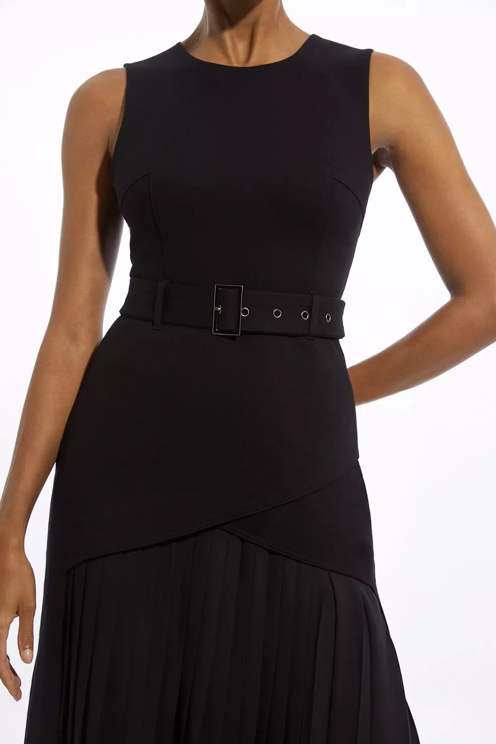 Ponte And Georgette Jersey Pleated Maxi Dress | Karen Millen